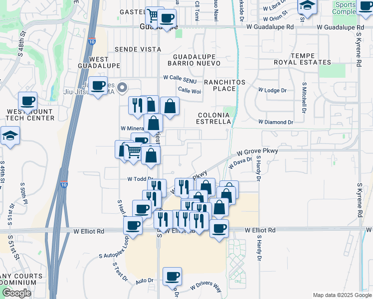map of restaurants, bars, coffee shops, grocery stores, and more near 1250 West Grove Parkway in Tempe