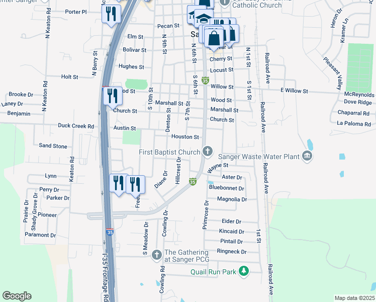map of restaurants, bars, coffee shops, grocery stores, and more near 504 Houston Street in Sanger