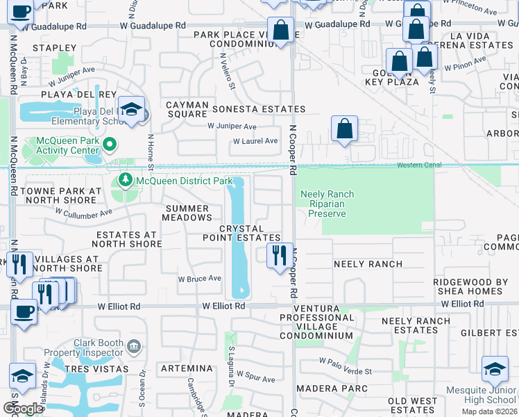 map of restaurants, bars, coffee shops, grocery stores, and more near 861 West Page Avenue in Gilbert