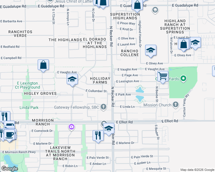 map of restaurants, bars, coffee shops, grocery stores, and more near 3970 East Lexington Avenue in Gilbert