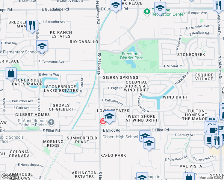 map of restaurants, bars, coffee shops, grocery stores, and more near 868 East Page Street in Gilbert