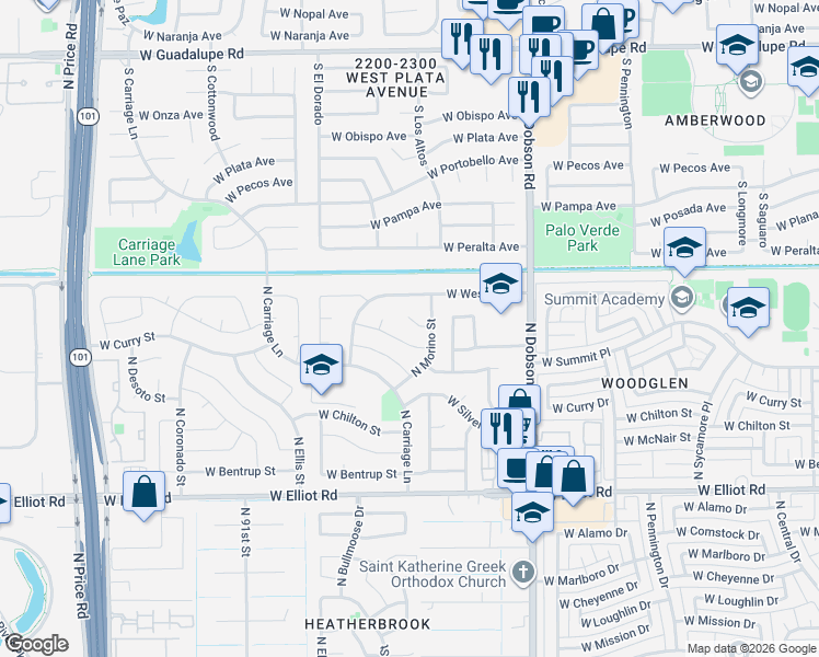 map of restaurants, bars, coffee shops, grocery stores, and more near 2218 West Straford Drive in Chandler