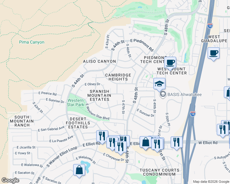 map of restaurants, bars, coffee shops, grocery stores, and more near 10021 South 46th Place in Phoenix