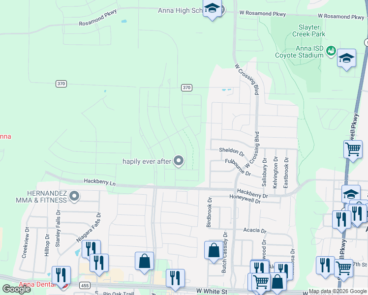 map of restaurants, bars, coffee shops, grocery stores, and more near 1-919 East Co Road 370 in Anna