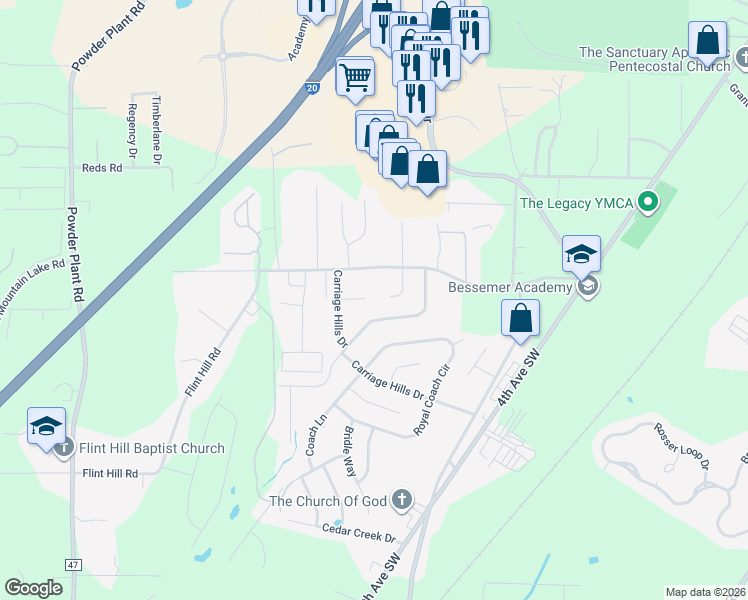 map of restaurants, bars, coffee shops, grocery stores, and more near 4900 Mercedes Circle in Bessemer