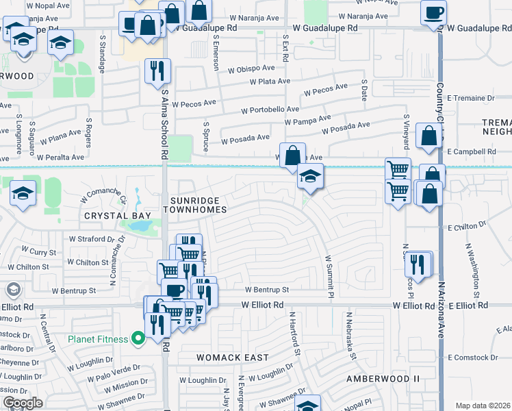 map of restaurants, bars, coffee shops, grocery stores, and more near 638 West Summit Place in Chandler