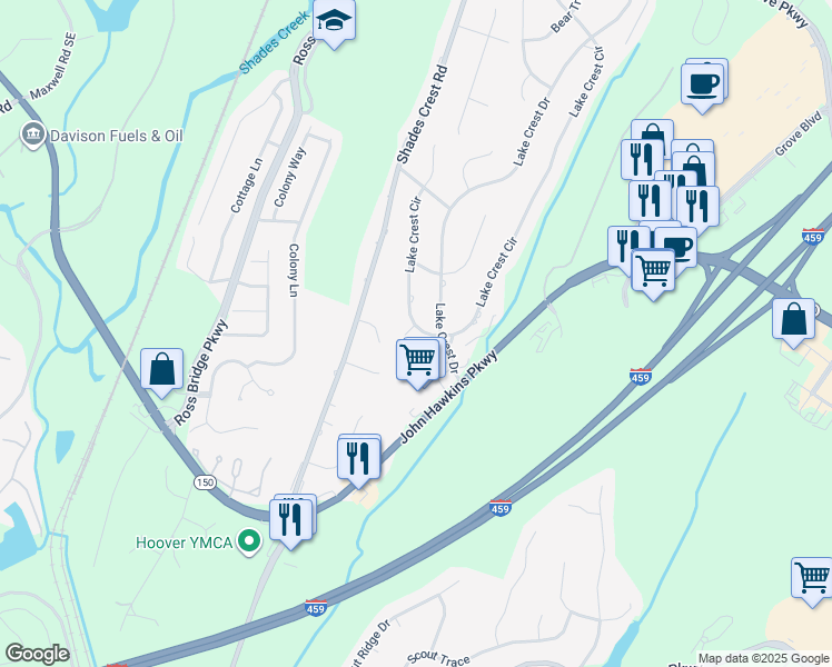 map of restaurants, bars, coffee shops, grocery stores, and more near 5097 Lake Crest Circle in Birmingham