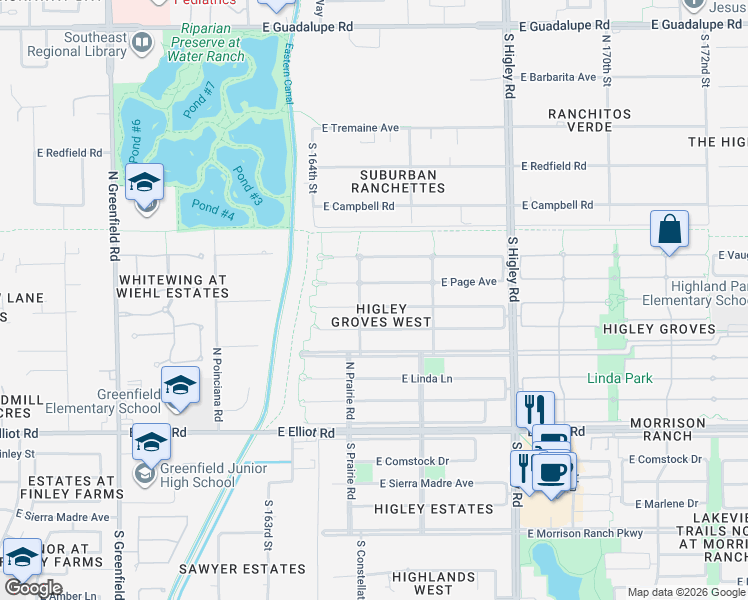 map of restaurants, bars, coffee shops, grocery stores, and more near 2925 Page Avenue in Gilbert