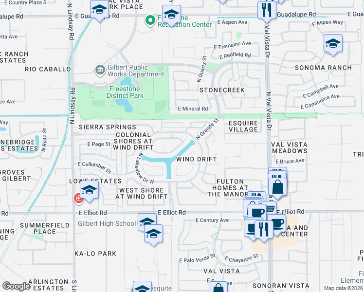 map of restaurants, bars, coffee shops, grocery stores, and more near 1302 East Artesian Way in Gilbert