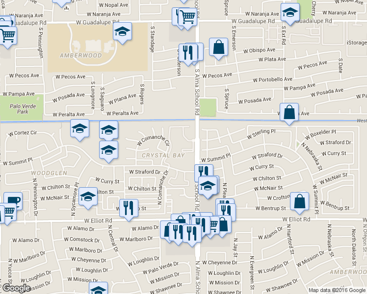 map of restaurants, bars, coffee shops, grocery stores, and more near 3400 North Alma School Road in Chandler