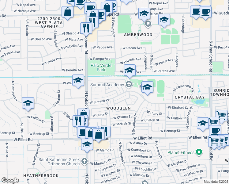 map of restaurants, bars, coffee shops, grocery stores, and more near 3313 North Apollo Drive in Chandler
