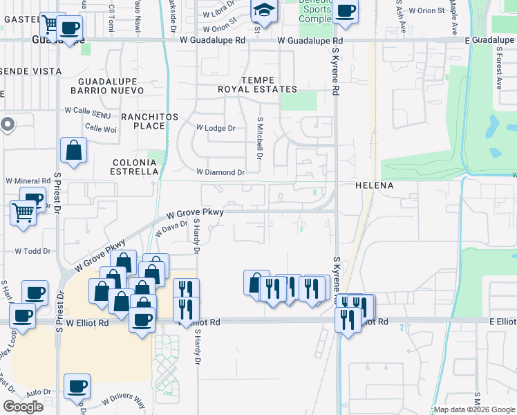 map of restaurants, bars, coffee shops, grocery stores, and more near 0 Tempe Canal Service Road in Mesa