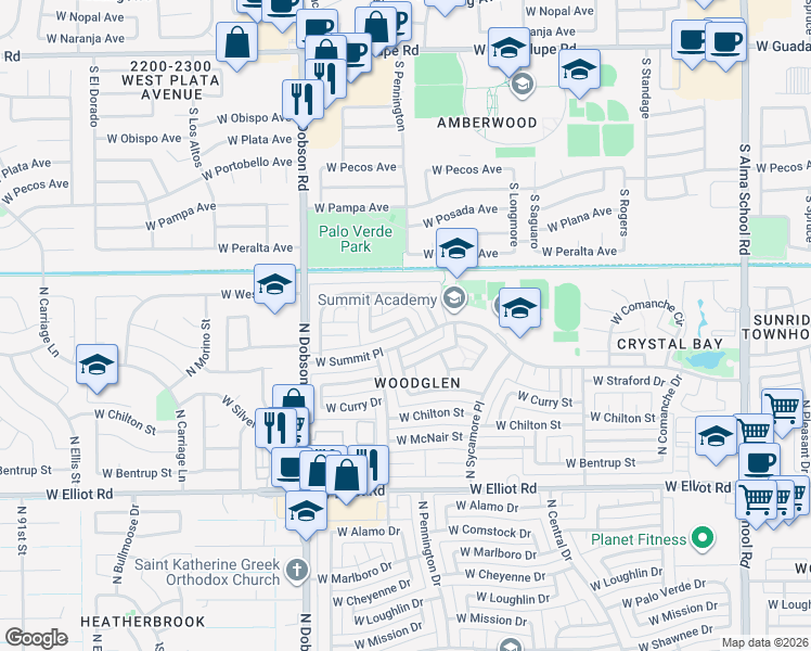 map of restaurants, bars, coffee shops, grocery stores, and more near 3313 North Apollo Drive in Chandler