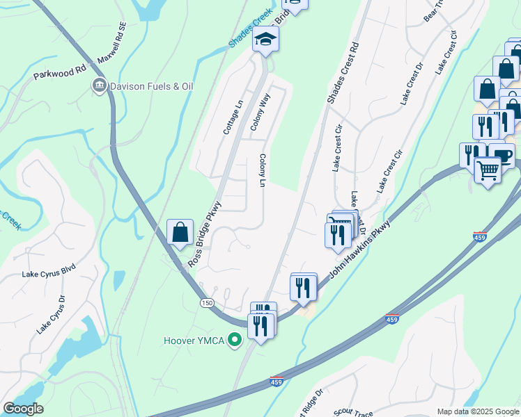 map of restaurants, bars, coffee shops, grocery stores, and more near 5747 Colony Lane in Birmingham