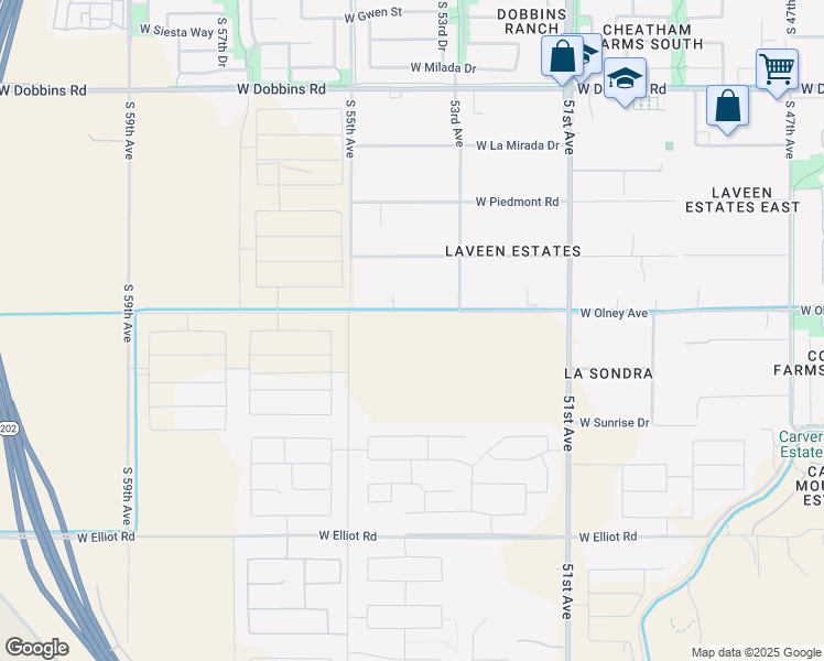 map of restaurants, bars, coffee shops, grocery stores, and more near 5414 West Olney Avenue in Maricopa County