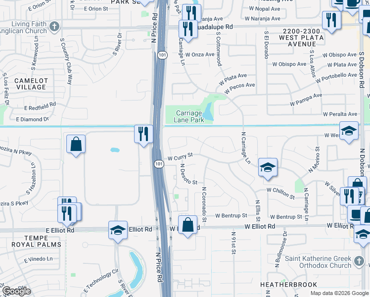 map of restaurants, bars, coffee shops, grocery stores, and more near 2807 West Rosewood Drive in Chandler