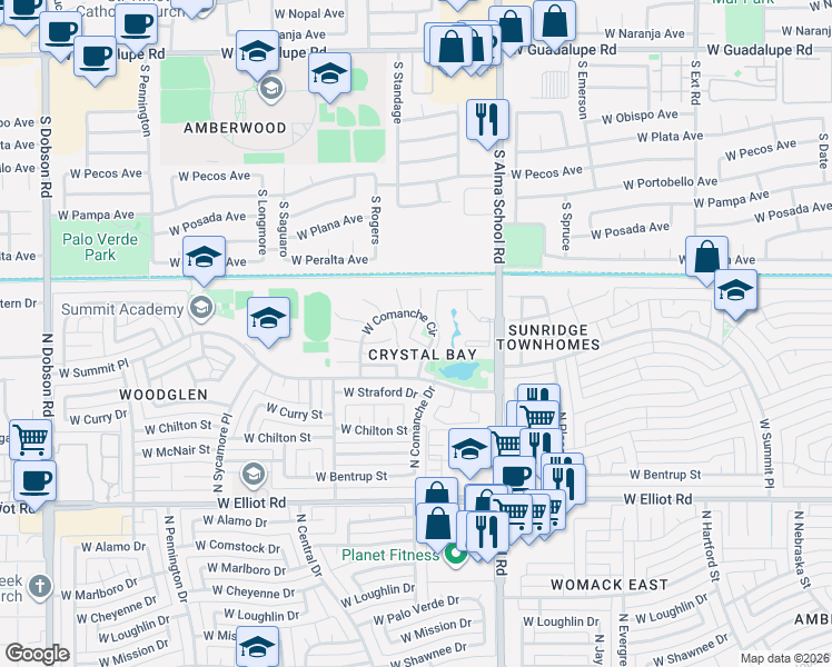 map of restaurants, bars, coffee shops, grocery stores, and more near 3444 North Apache Circle in Chandler