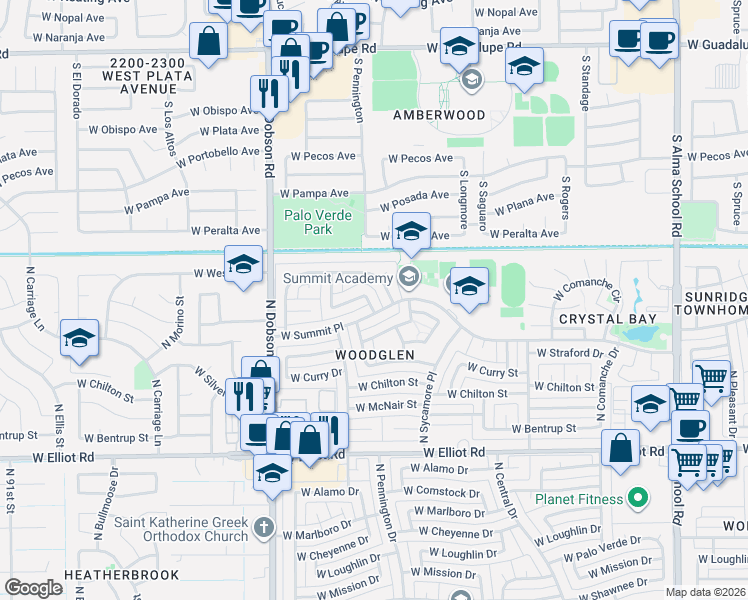 map of restaurants, bars, coffee shops, grocery stores, and more near 1704 West Cortez Circle in Chandler