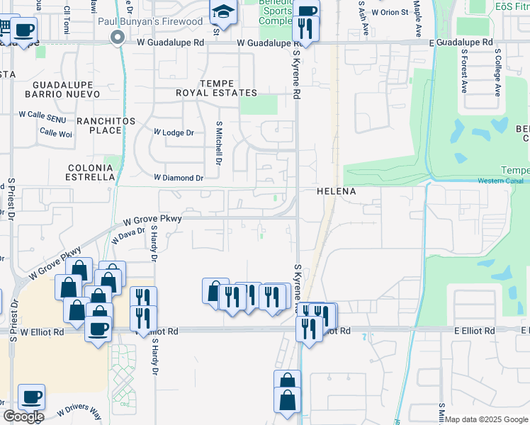 map of restaurants, bars, coffee shops, grocery stores, and more near 600 West Grove Parkway in Tempe