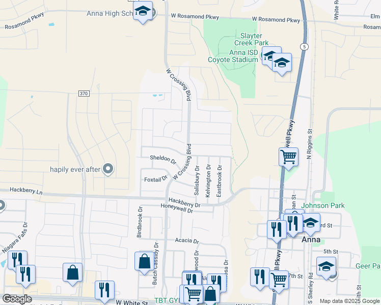 map of restaurants, bars, coffee shops, grocery stores, and more near 1114 Chatsworth Drive in Anna