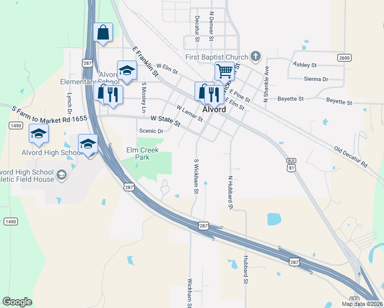 map of restaurants, bars, coffee shops, grocery stores, and more near 402 South Wickham Street in Alvord