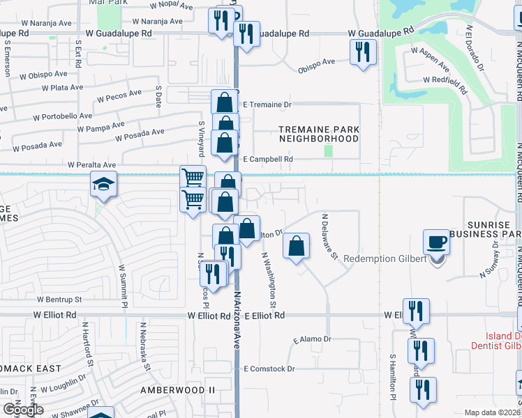 map of restaurants, bars, coffee shops, grocery stores, and more near 3491 North Arizona Avenue in Chandler