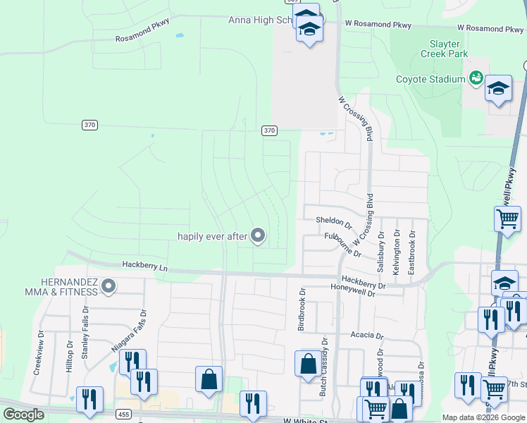 map of restaurants, bars, coffee shops, grocery stores, and more near 1-919 East Co Road 370 in Anna