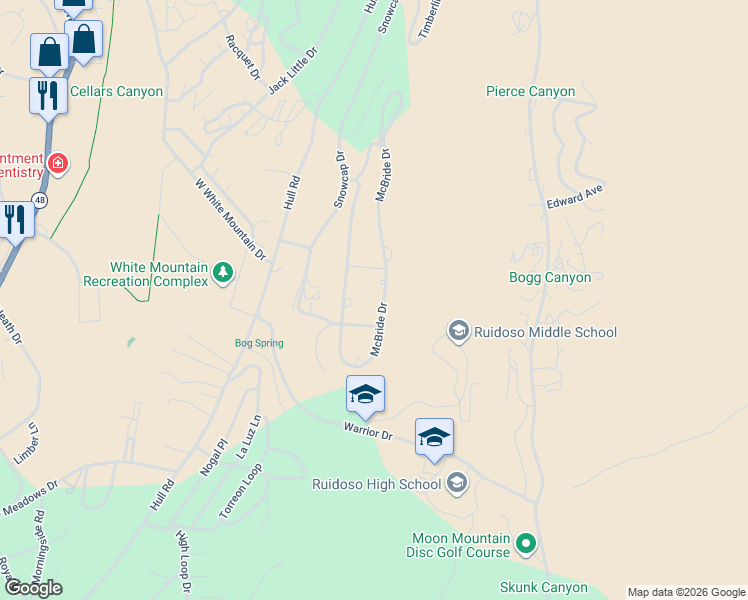 map of restaurants, bars, coffee shops, grocery stores, and more near 317-357 McBride Drive in Ruidoso