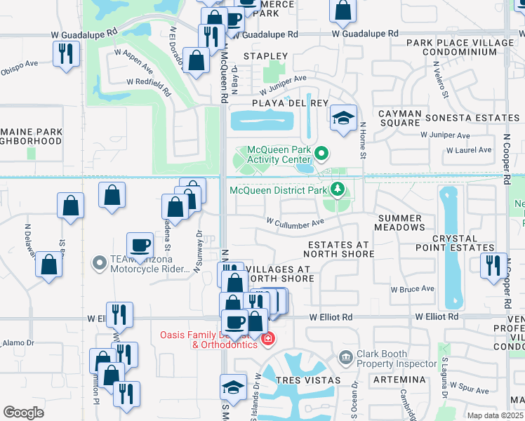 map of restaurants, bars, coffee shops, grocery stores, and more near 1481 West Page Avenue in Gilbert