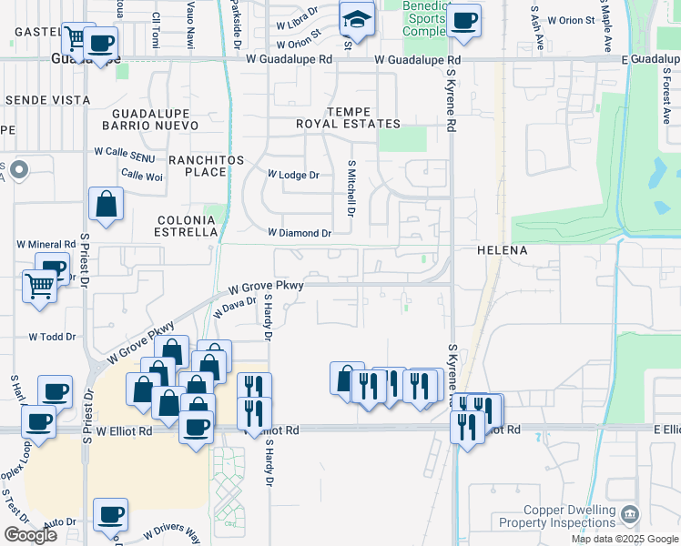 map of restaurants, bars, coffee shops, grocery stores, and more near 2 West Apartment in Tempe