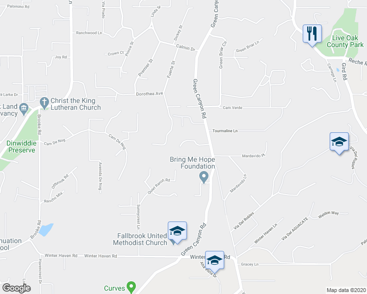 map of restaurants, bars, coffee shops, grocery stores, and more near 2045 Green Canyon Road in Fallbrook