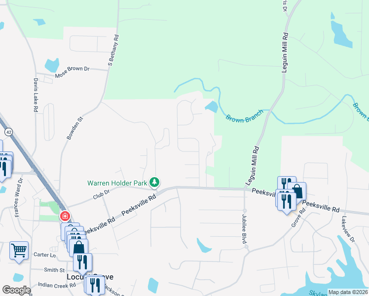 map of restaurants, bars, coffee shops, grocery stores, and more near 408 Grier Drive in Locust Grove
