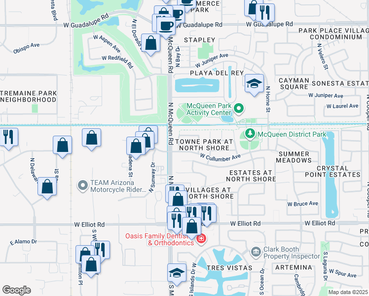 map of restaurants, bars, coffee shops, grocery stores, and more near 1552 West Page Avenue in Gilbert