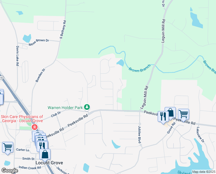 map of restaurants, bars, coffee shops, grocery stores, and more near 404 Grier Drive in Locust Grove