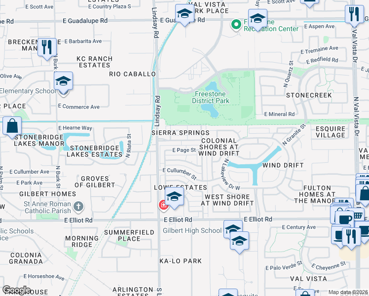 map of restaurants, bars, coffee shops, grocery stores, and more near 901 East Vaughn Avenue in Gilbert
