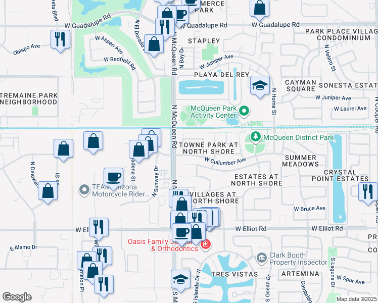 map of restaurants, bars, coffee shops, grocery stores, and more near 1552 West Page Avenue in Gilbert