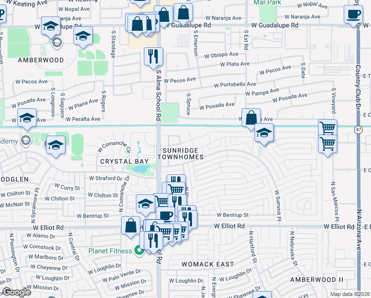 map of restaurants, bars, coffee shops, grocery stores, and more near 3406 North Sunridge Lane in Chandler