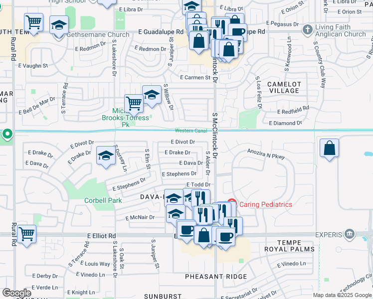map of restaurants, bars, coffee shops, grocery stores, and more near 1701 East Divot Drive in Tempe