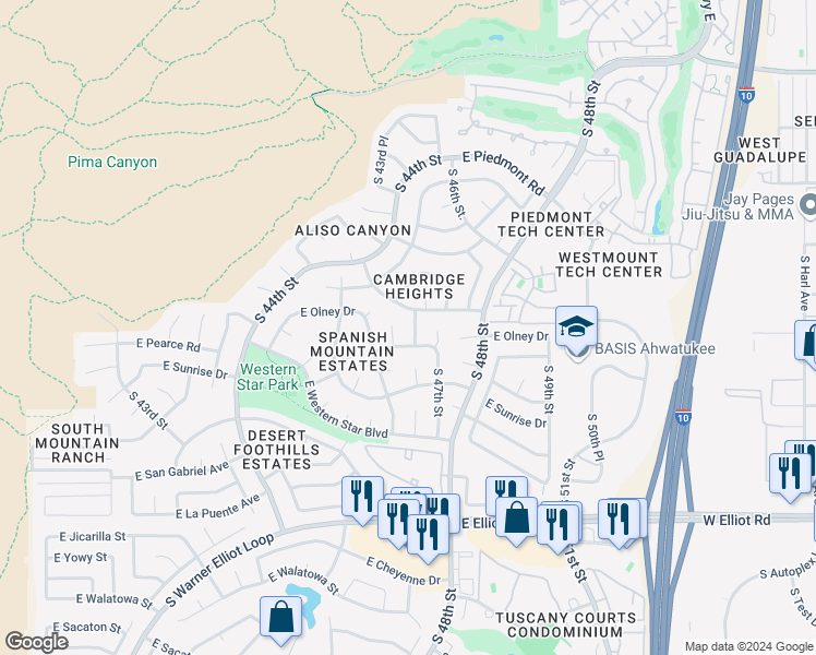 map of restaurants, bars, coffee shops, grocery stores, and more near 10021 South 46th Place in Phoenix