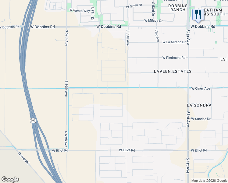 map of restaurants, bars, coffee shops, grocery stores, and more near South 55th Avenue in Phoenix