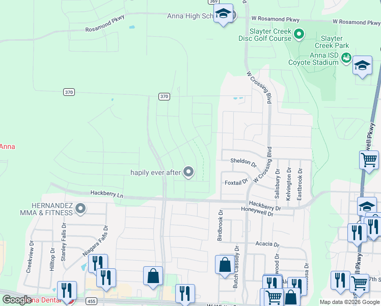 map of restaurants, bars, coffee shops, grocery stores, and more near 1-919 East Co Road 370 in Anna