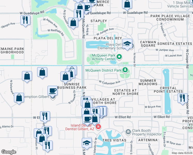 map of restaurants, bars, coffee shops, grocery stores, and more near 1481 West Page Avenue in Gilbert