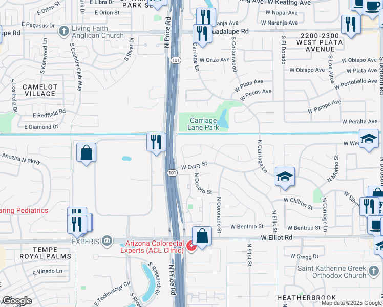 map of restaurants, bars, coffee shops, grocery stores, and more near 2806 West Rosewood Drive in Chandler