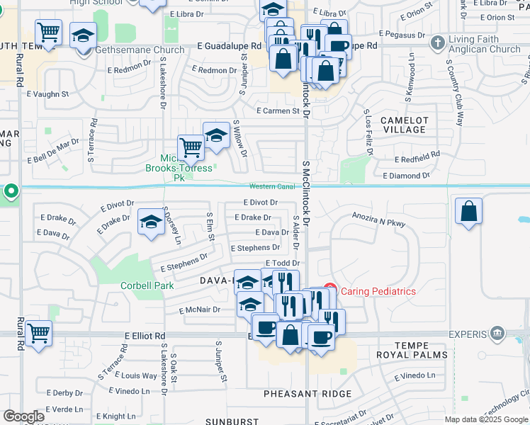 map of restaurants, bars, coffee shops, grocery stores, and more near 1701 East Divot Drive in Tempe