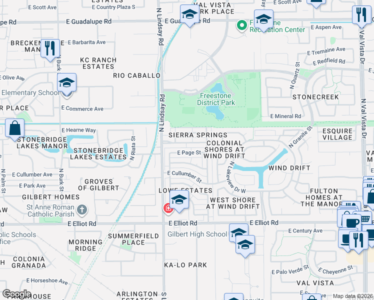 map of restaurants, bars, coffee shops, grocery stores, and more near 868 East Page Street in Gilbert
