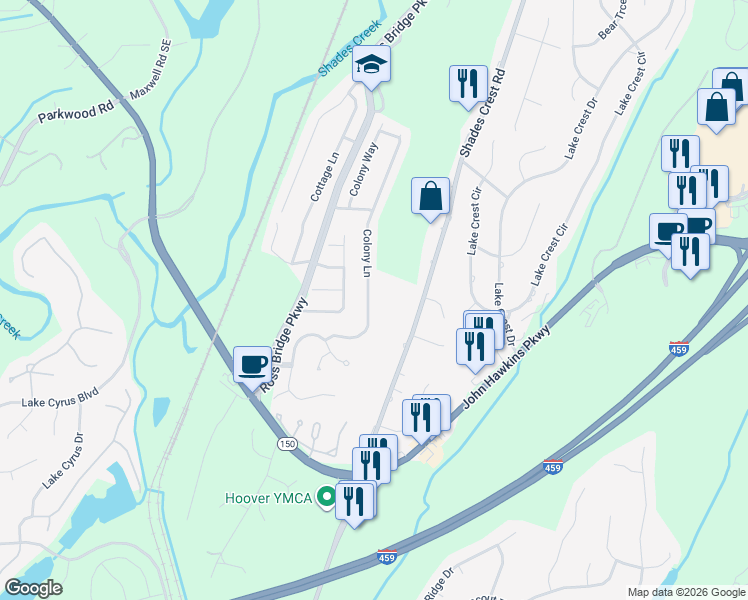 map of restaurants, bars, coffee shops, grocery stores, and more near 5724 Colony Lane in Birmingham