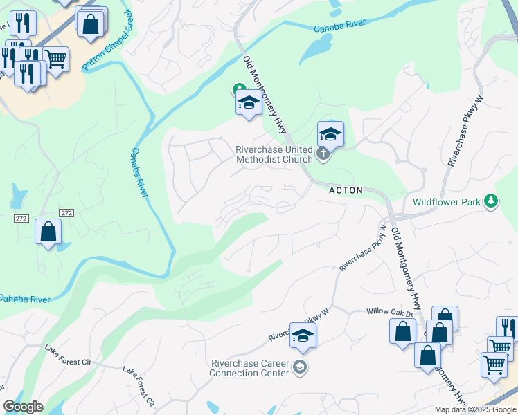 map of restaurants, bars, coffee shops, grocery stores, and more near 105 Chase Plantation Parkway in Hoover