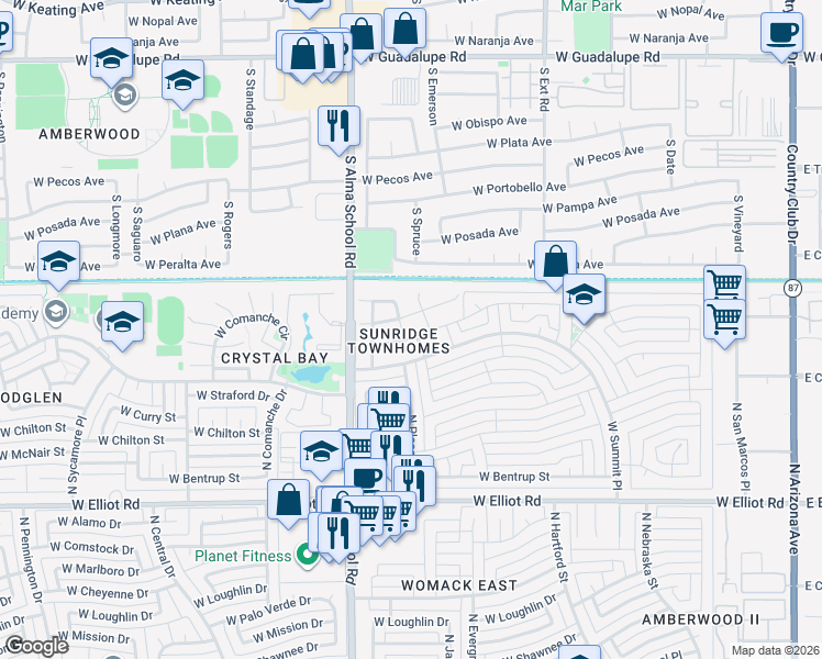 map of restaurants, bars, coffee shops, grocery stores, and more near 3406 North Sunridge Lane in Chandler