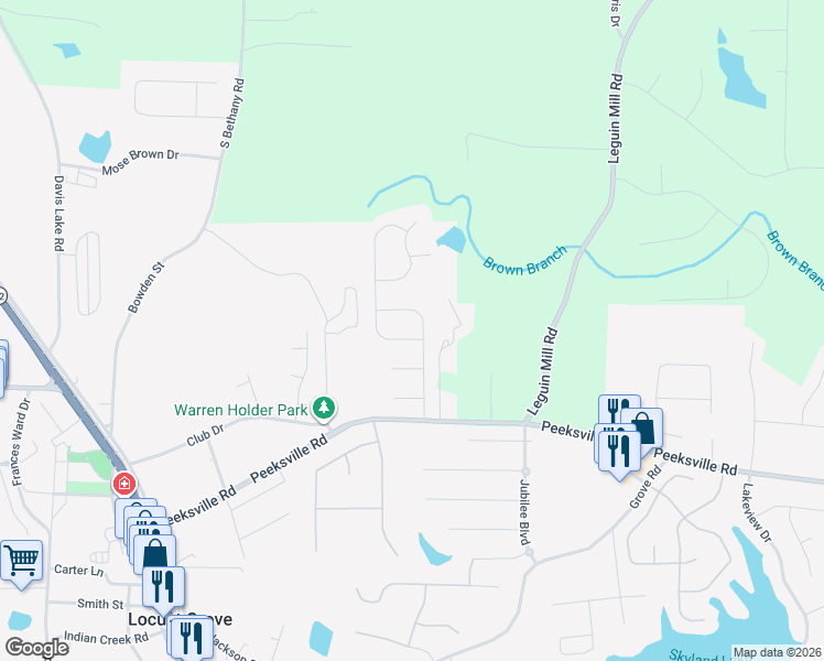 map of restaurants, bars, coffee shops, grocery stores, and more near 404 Grier Drive in Locust Grove