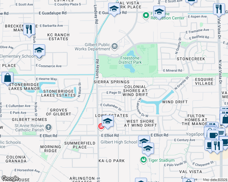 map of restaurants, bars, coffee shops, grocery stores, and more near 901 East Vaughn Avenue in Gilbert